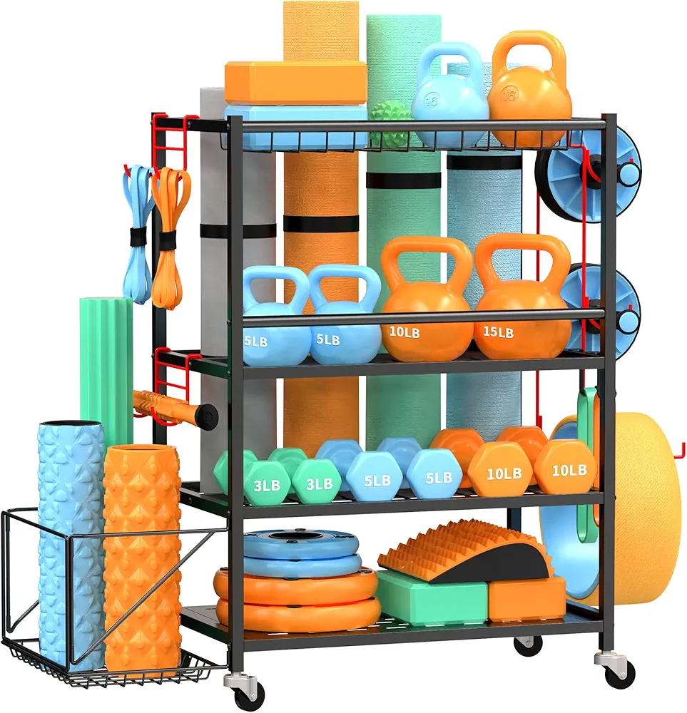 Dumbbell Rack, Weight Rack for Home Gym, 4-Tier 620LBS Metal Home Gym Storage with 2 Lockable Wheels & 4 Adjustable Hooks, kettlebell Rack for Yoga Mat Storage, Dumbbells, Kettlebell, Foam Roller, Resistance Bands