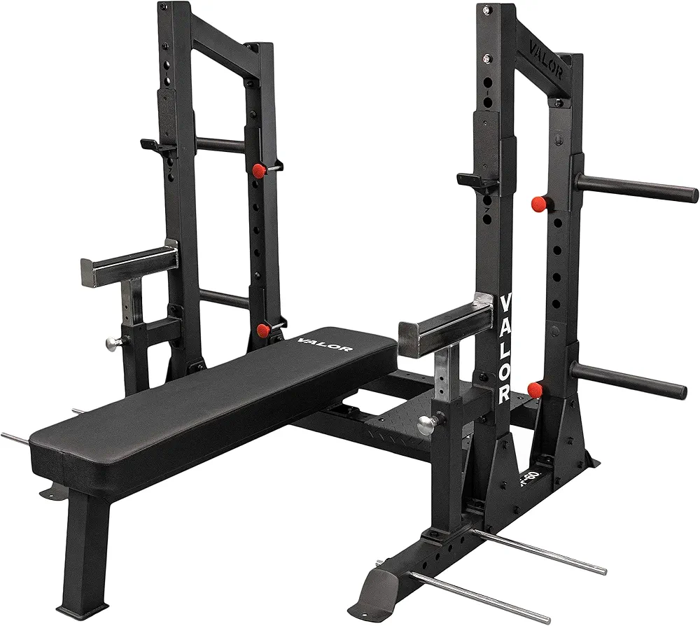Valor Fitness Competition Bench Press Rack with Safety Spotter Bars - Heavy Duty Adjustable - 7 J-Hooks & 4 Band Pegs - Olympic Power Lifting Max Weight Load 1000 lbs Certified IPF Standards -BF-60