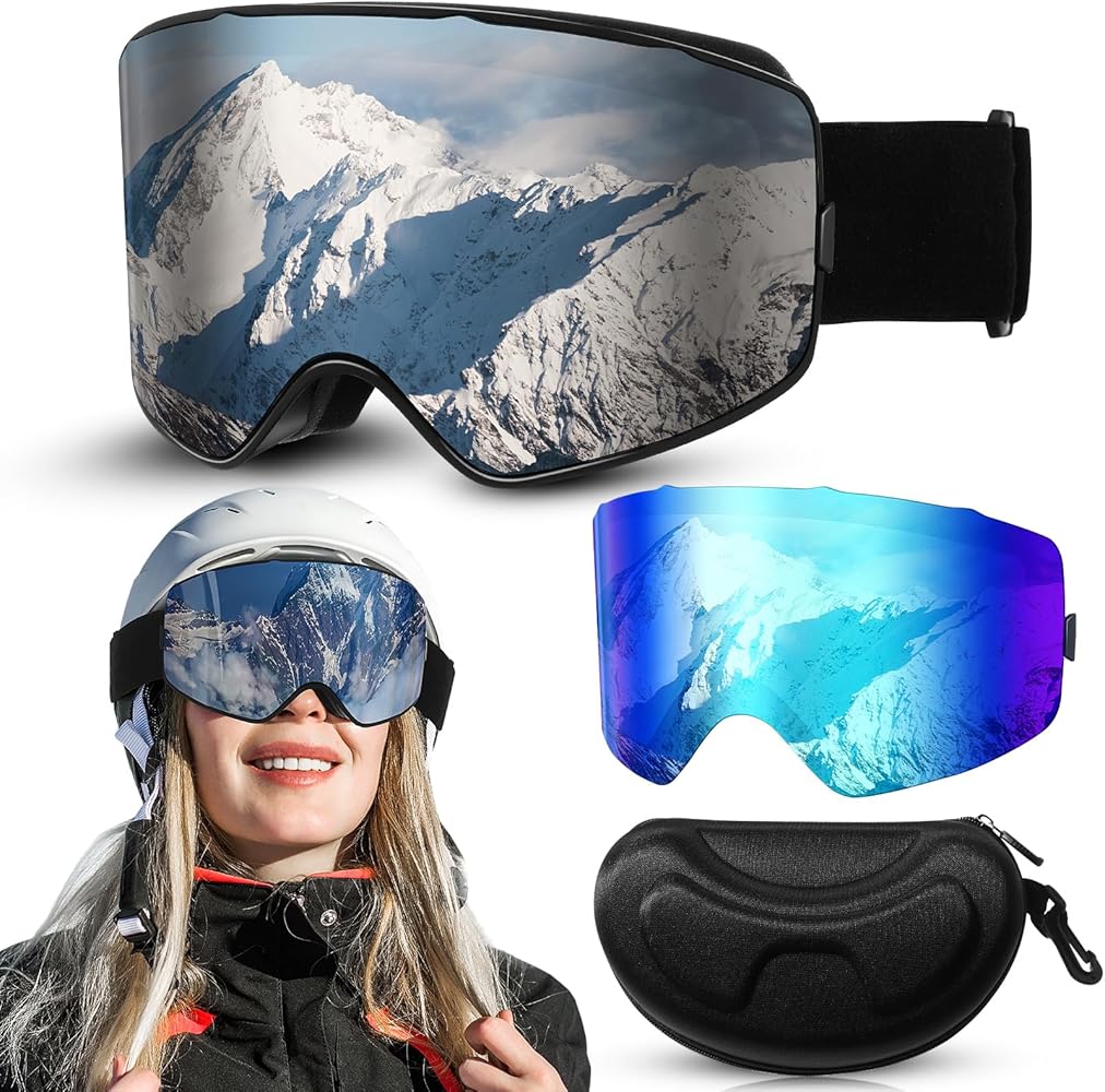 Ski Goggles for Men Women with 1 Replaceable Lenses Snow Goggles UV Protection Snowboard Goggles,Anti Fog Skiing Goggles