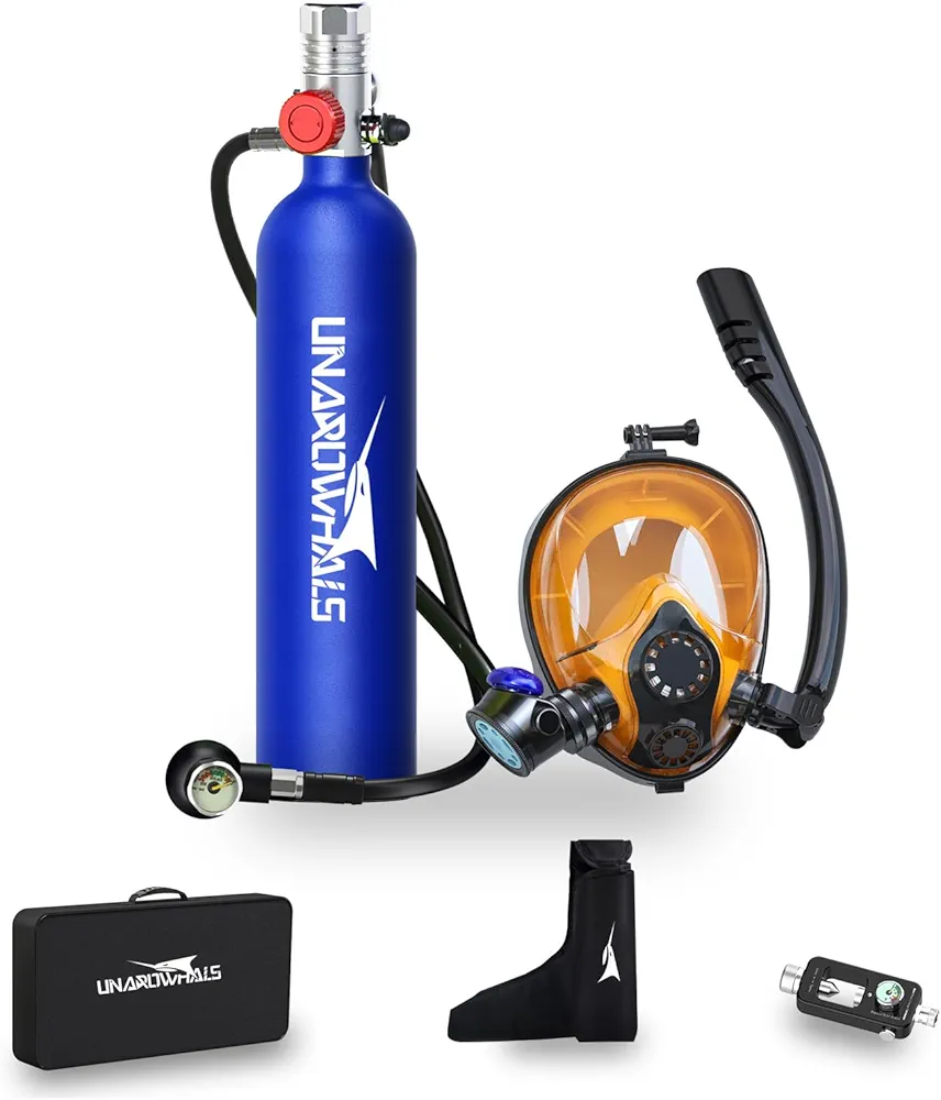 Scuba Tank with Extended Pressure Gauge, DOT/CE-EN250 Certification Lung Tank, 1L Diving Tank, 15-20 Minutes Underwater Exploration with Portable Mini Scuba Tank, 3000 Psi Max Pressure