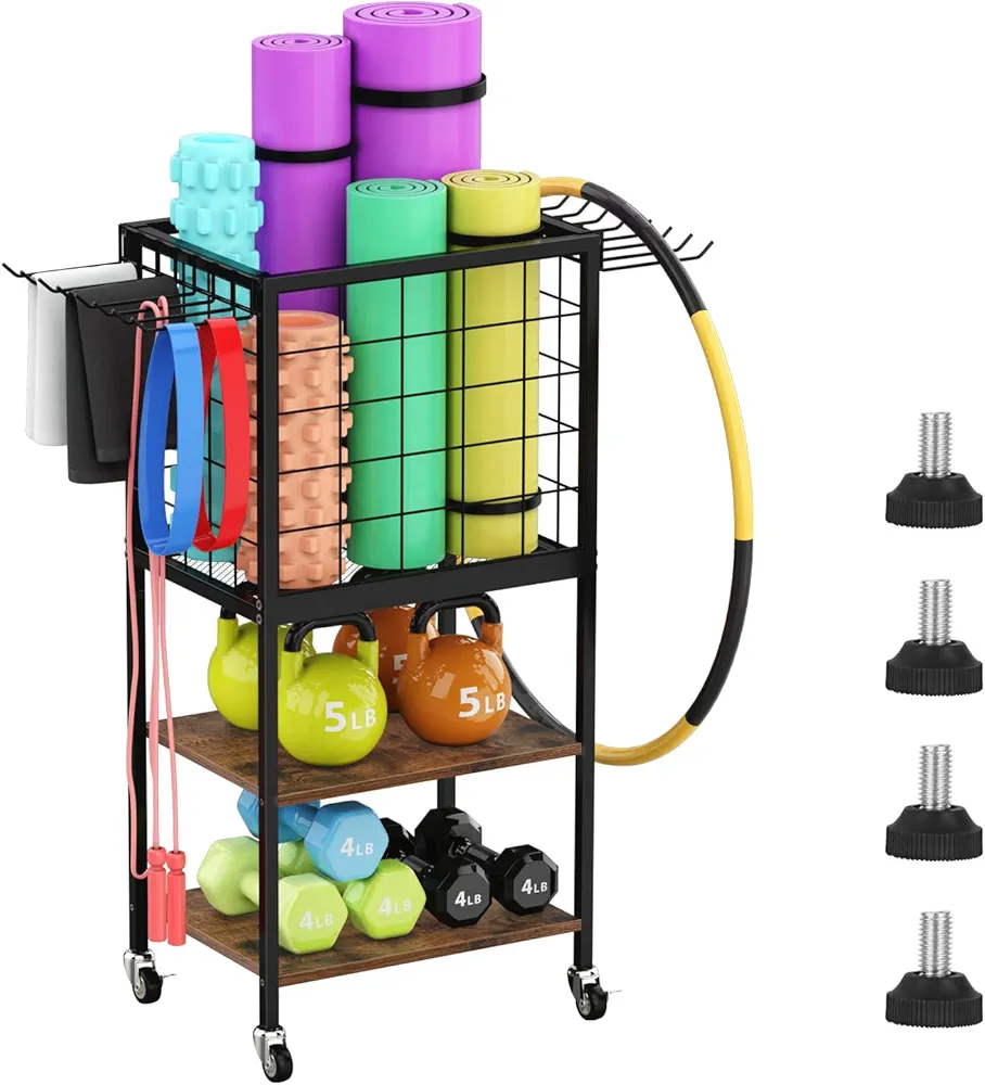 Weight Rack for Home Gym, Workout Equipment Storage Organizer, Home Gym Yoga Mat Storage Rack, Weight Storage Racks with Hooks, Yoga Mat Holder with Wheels for Yoga Block, Dumbbell, Resistance Band