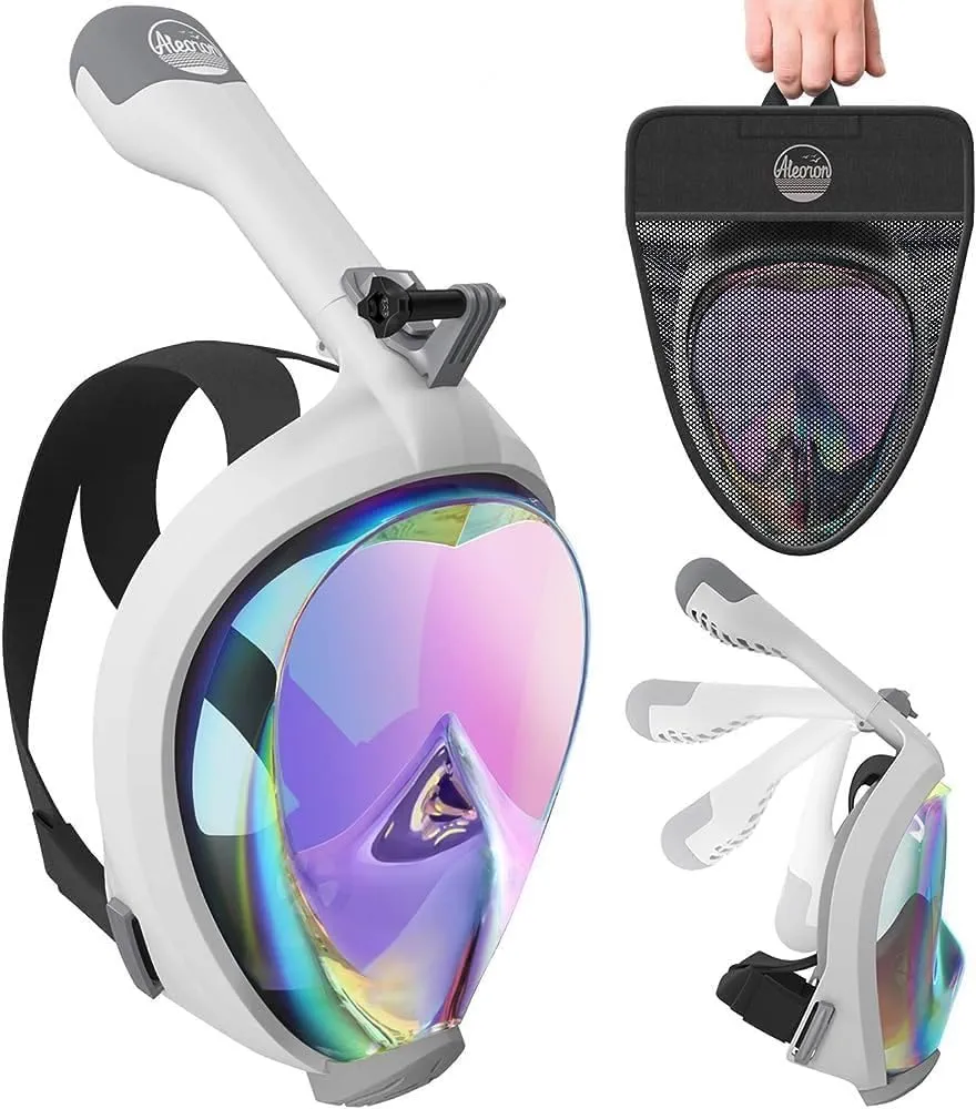 Foldable Full Face Snorkel Mask for Adults and Youth (Women & Men) - Anti Fog Snorkeling Mask Full Face with Action Camera