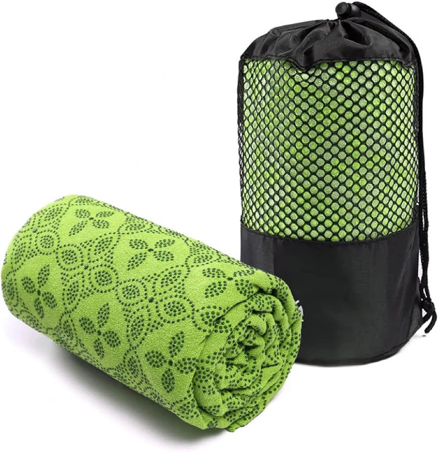 Yoga Towel, Hot Yoga Mat Towel - Sweat Absorbing Non-Slip for Hot Yoga, Pilates and Workout with Upgraded Clover-Shaped Grip Dots (72 * 32 inches, Green)
