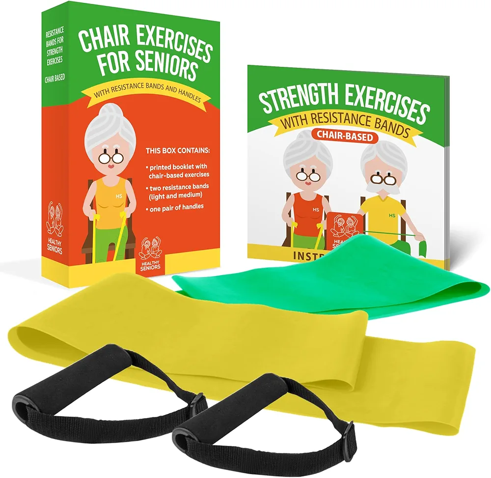 Chair Exercises for Seniors - Two Resistance Bands, Handles, and Printed Exercise Guide. Adjustable Fitness Equipment for Seniors, Elderly Home. Occupational & Physical Therapy Aids