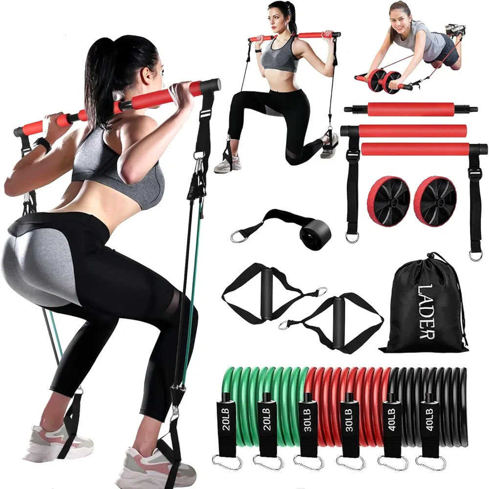 Pilates Bar Kit with Resistance Bands, LADER Yoga Pilates Bar with Ab Roller for Abs Workout, Adjustable 3-Section Pilates Bar Portable Fitness Bar for Women & Men Home Gym Yoga Pilates (Red)