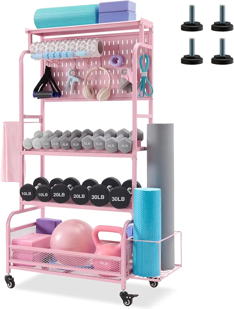 56'' Taller Home Gym Storage Organizer, Yoga Mat Storage Rack with Hanging Board, Exercise Workout Equipment Storage Stand for Home Gym, Dumbbell Holder Kettlebell Rack with Wheels and Hooks