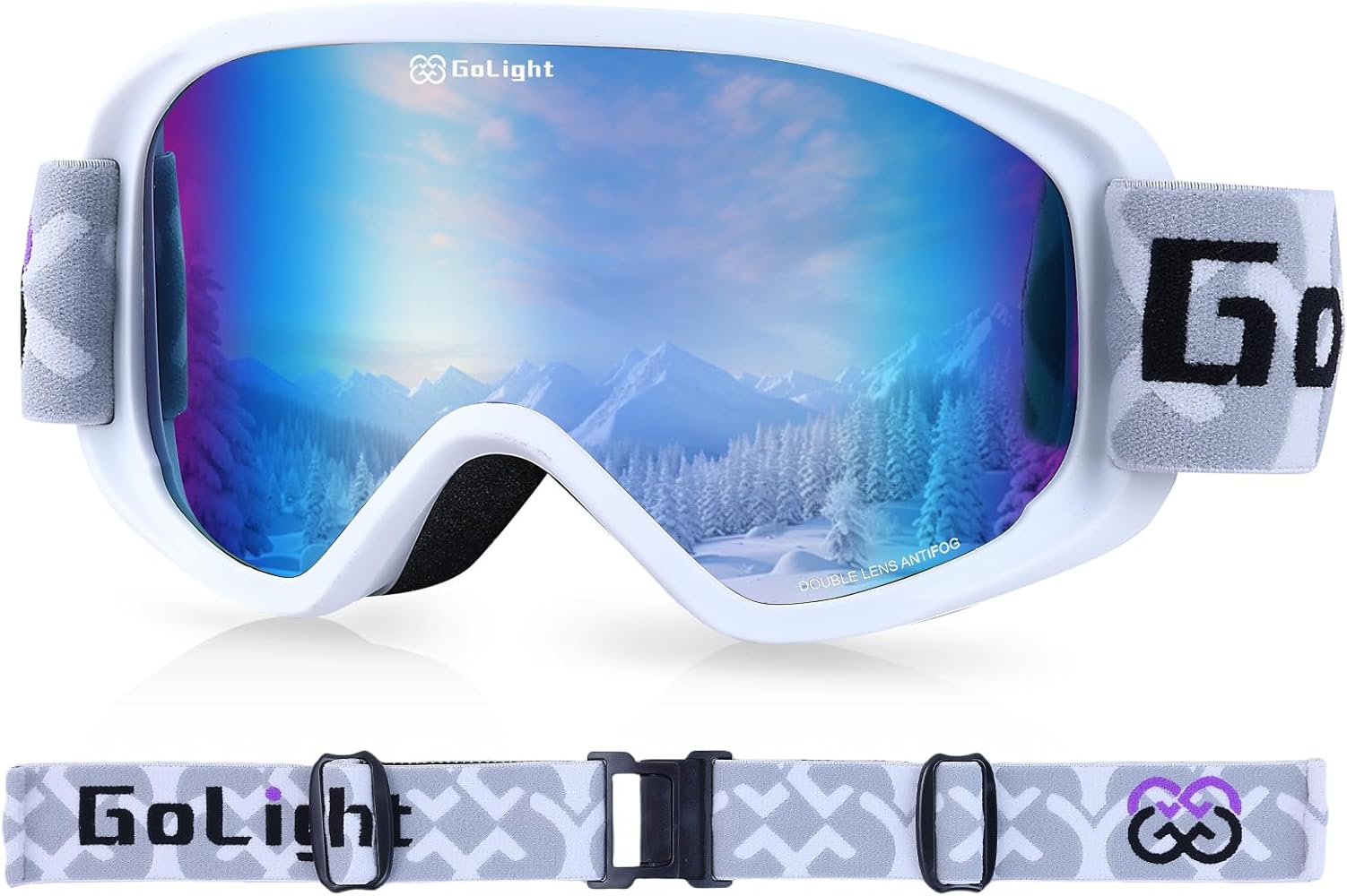 Ski Goggles, Snowboard Goggles for Women and Youth, 100% UV Protection, Anti-Fog, Cylindrical Lens, Winter Snow Goggles, White Frame, Blue Revo, YG-99