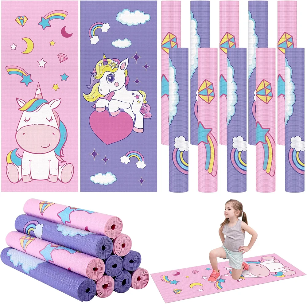 Haull 10 Pack Yoga Mats Bulk for Girls 60 x 24 x 0.12 Inch Unicorn Yoga Mats Kid Exercise Mat Non Slip Soft Fitness Gymnastics Mats for Kids with Fun Prints Toddler Yoga Class Gym Home Workout