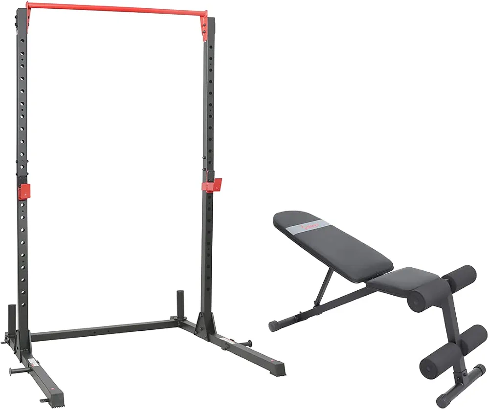 Sunny Health & Fitness Adjustable Power and Squat Rack with High Weight Capacity with J-Hooks, Adjustable Pull Up Bar, Weight Plate Holders, Resistance Band Posts Optional Incline Bench