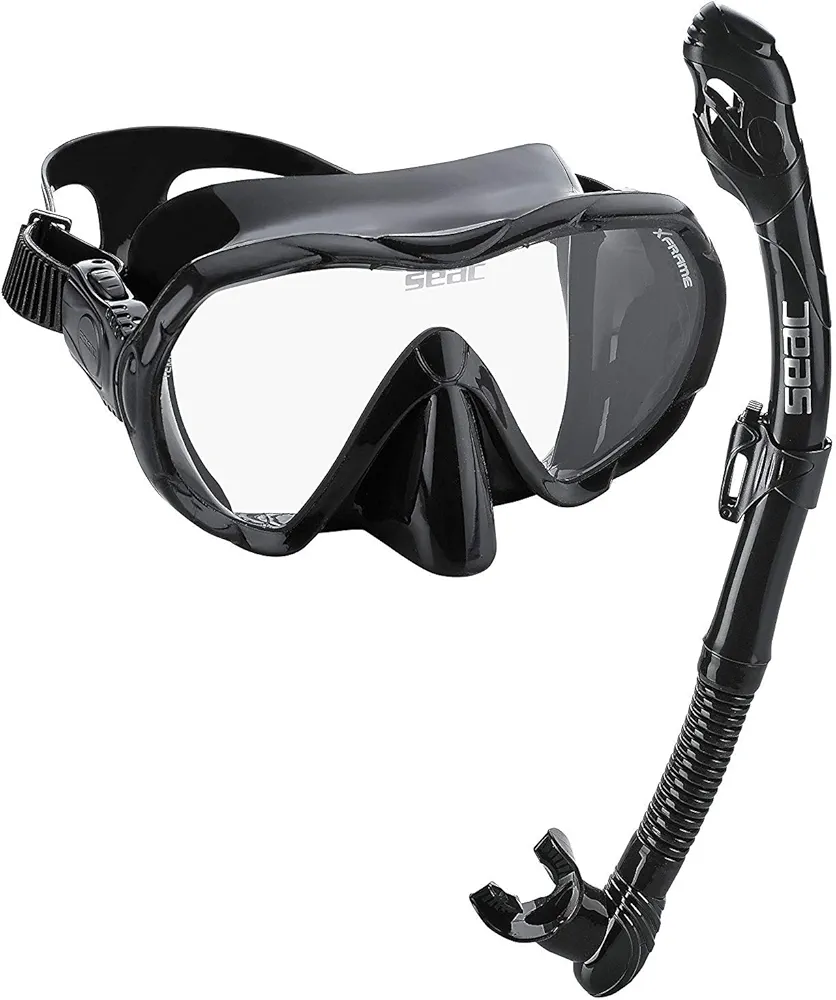 SEAC Snorkeling Package | Comfortable Adult Snorkel Set, Tempered Glass Anti-Fog Mask with Adjustable Strap Frameless Design, Dry Top Snorkel with Bottom Purge Valve + Carry on Travel Bag, All Black