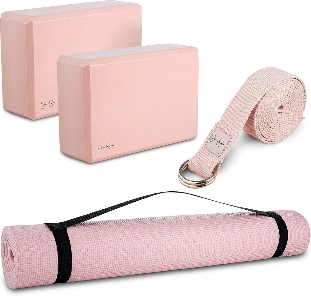 Jessica Simpson 4 Piece Yoga Kit - Yoga Starter Set With Yoga Mat, 2 Foam Blocks, Yoga Strap - Pink