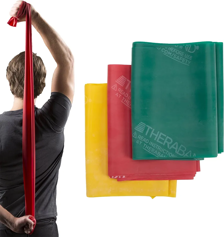 THERABAND Resistance Band Set, Professional Elastic Bands for Upper & Lower Body, Core Exercise, Physical Therapy, Lower Pilates, At-Home Workouts, & Rehab, 5 Foot, Yellow, Red & Green, Beginner