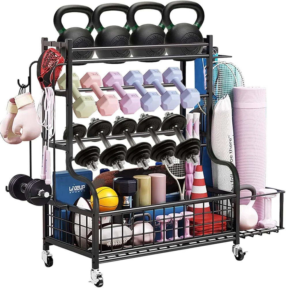 Dumbbell Rack, Weight Rack for Kettlebells, Heavy-Duty Home Gym Storage Rack for Yoga Mat and Workout Equipment, Storage Holder with Wheels, Hooks and Mesh Top