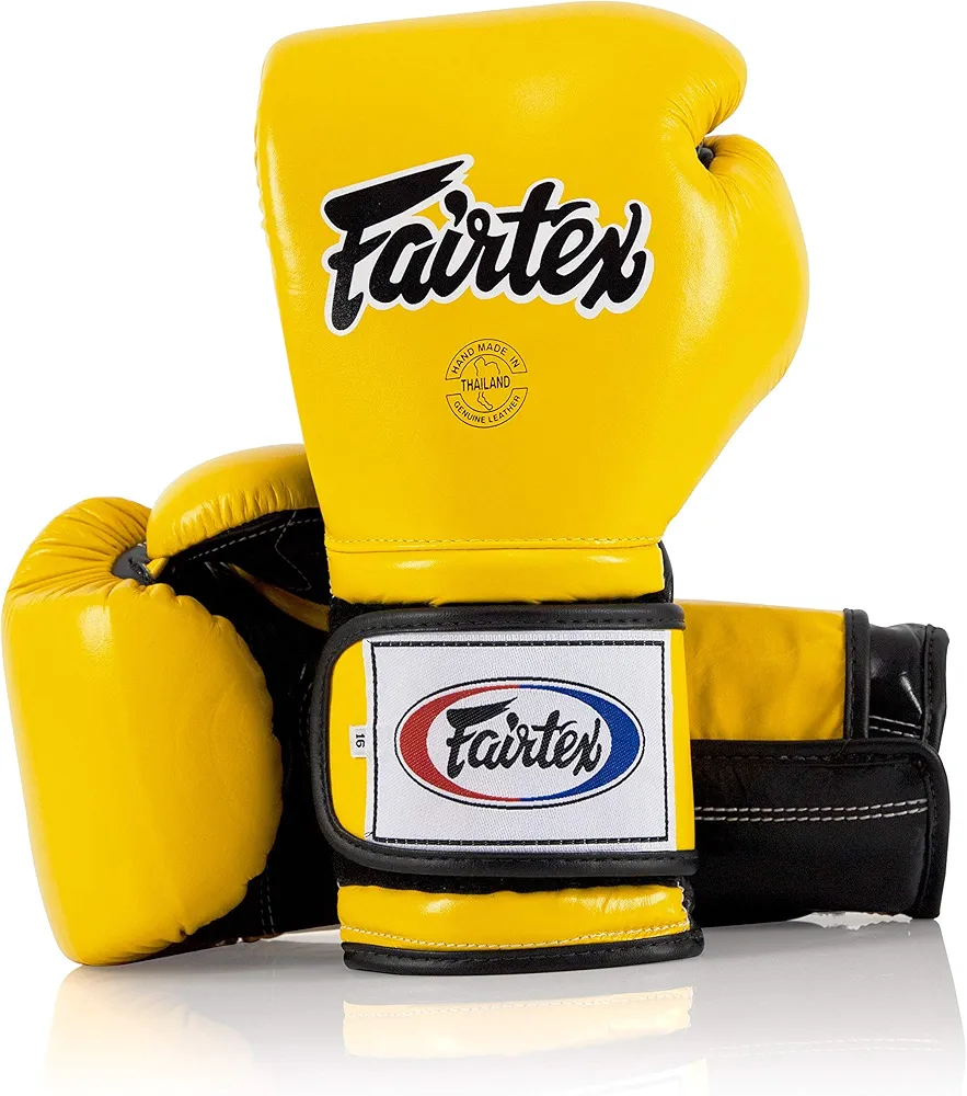 Fairtex Muay Thai Boxing Gloves BGV9 - Heavy Hitter Mexican Style Training & Sparring Gloves for Kick Boxing MMA K1 (Yellow/Black/Black Piping, 16 oz)