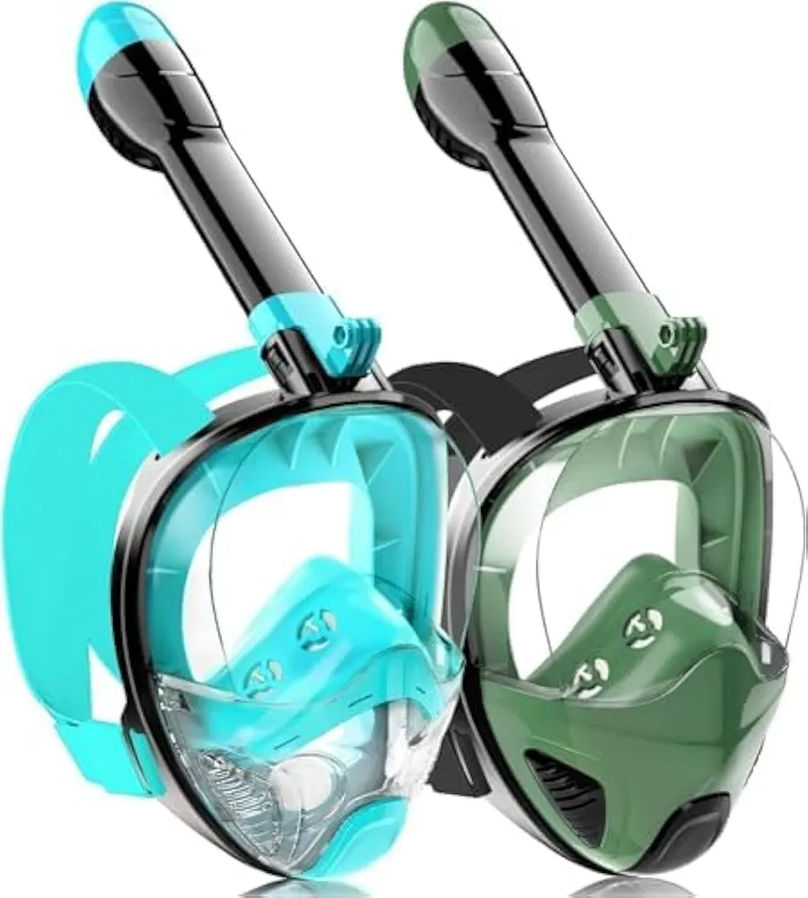 Full Face Snorkel Mask for Adults Teen, Snorkeling Gear with Detachable Camera Mount,Panoramic 180° View, Anti-Fog Anti-Leak Snorkling Set for Man and Women (Black Green+Black Dark Green-L-4)