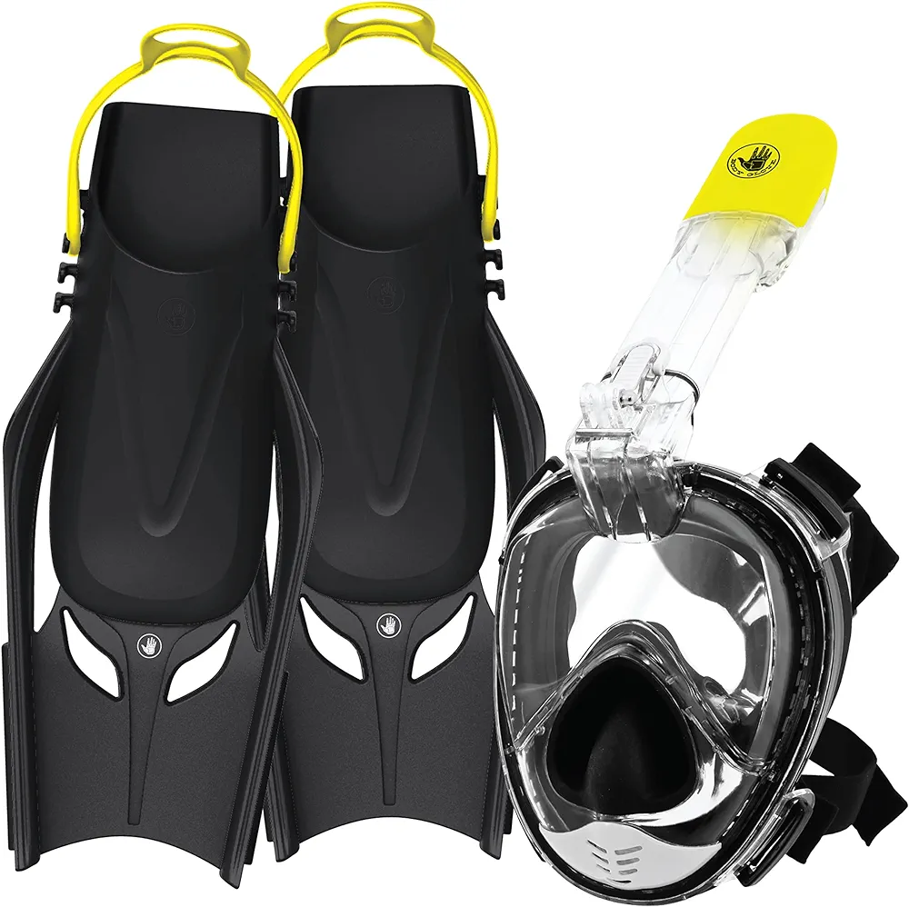 Body Glove - Free Breathing Snorkel Full FACE MASK Set-with FINS-Travel Bag-Anti Fog-Anti Leak-Panoramic View-Camera Mount-Open Water-Scuba Diving-Snorkeling Gear