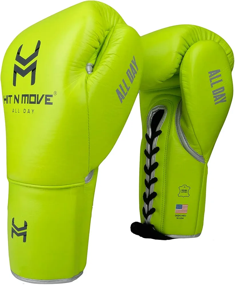 HIT N MOVE All Day Pro Balance Sparring and Bag Boxing Gloves LACE UP (Neon Green, 14 OZ)