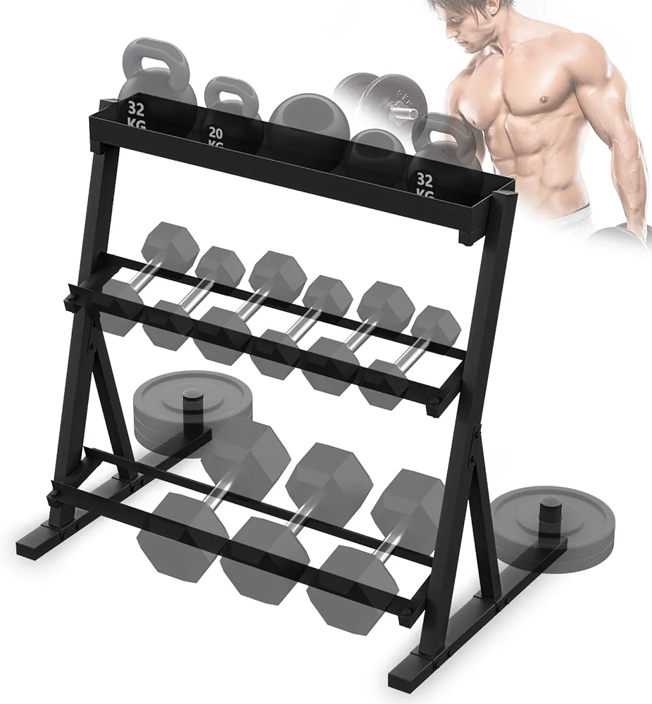 1200lbs Adjustable 3 Tier Dumbbell Rack Stand, Hex dumbbells Hand Weights Rack Dumbbell Holder Home Gym Storage Organizer, Reverse Install Available (Rack Only)