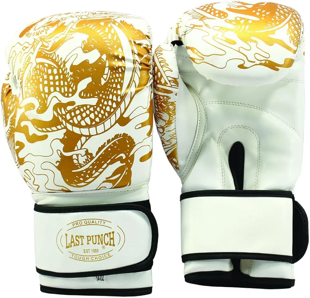 3D Printed Pro Style Training Sparring Boxing Gloves - White & Gold 14 Oz