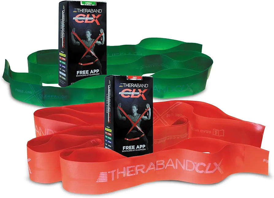 THERABAND CLX Resistance Band with Loops, 2 Pack Fitness Band for Home Exercise and Workouts, Portable Workout, Functionality for Athletes, 5’ Consecutive Loops, 2-Pack Medium/Heavy, Red-Green