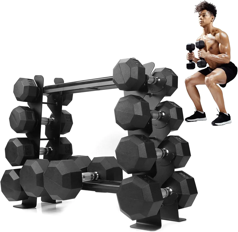 Rubber Dumbbell stand – Dumbbell Storage rack, Perfect For 5-30 lbs Set – 2 Tiers & 2 Vertical Slots With Protective Inserts – Compact & Versatile Design, Max. Weight 400 lbs.