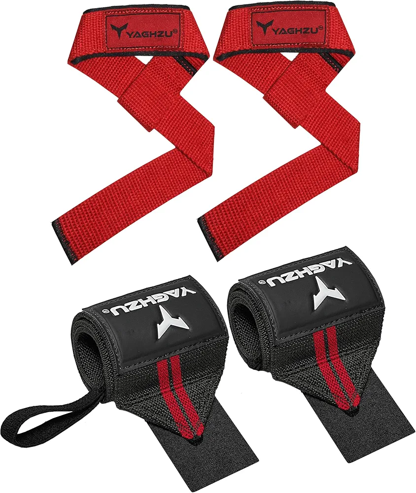 Weight Lifting Straps and Wrist Wraps Bundle– Heavy Duty Weight Lifting Straps & Wrist Wraps for Gym, Powerlifting, and Weightlifting Support, Ideal for Men and Women with Wrist Support for Deadlifts, Bench Press, and Pull Ups (Red)