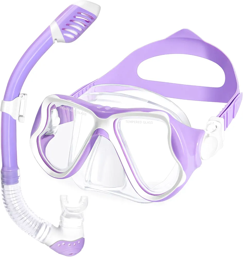Freela Kids Snorkeling Set, Snorkeling Gear for Kids 5-14 with Dry Top Snorkel and Tempered Glass Swimming Diving Snorkeling Mask, 180°HD View, No Leak