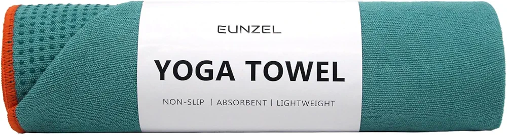 Eunzel Hot Yoga Towel - Microfiber Non Slip Yoga Mat Towel with Grip Dot Sweat Absorbent Towel for Hot Yoga, Pilates and Fitness 72" x 24", Dark Cyan/Orange
