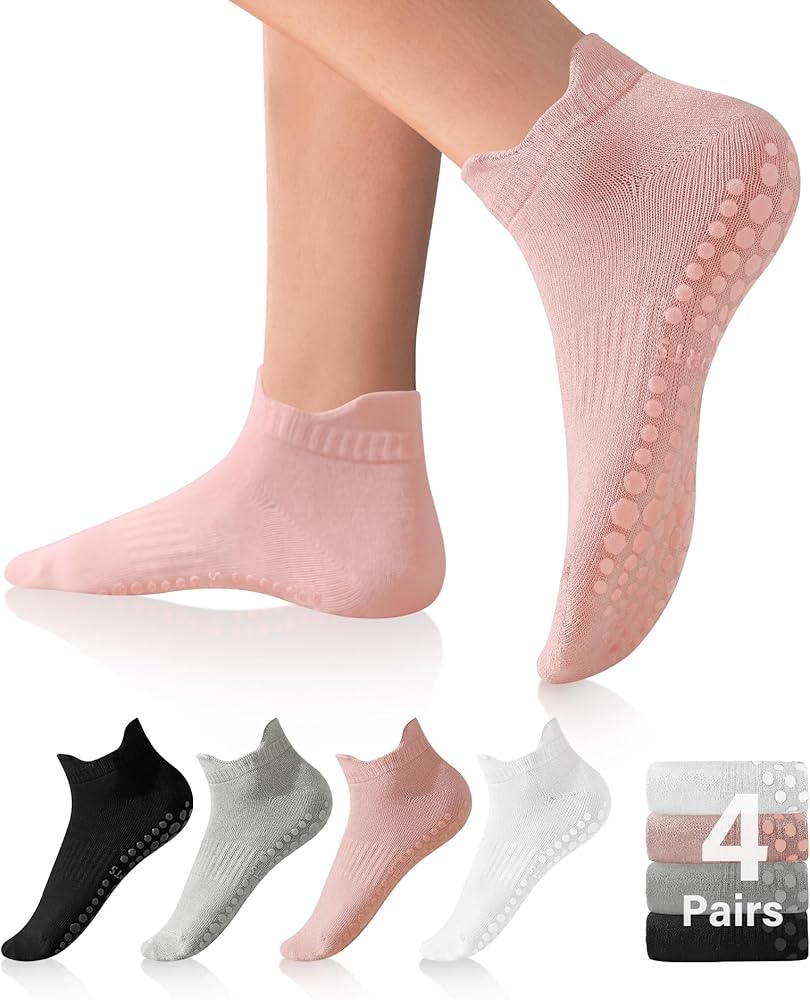 DIBAOLONG Pilates Socks with Grips for Women, Grip Socks Non Slip Yoga Socks for Barre Hospital Grippy Socks 4 Pairs
