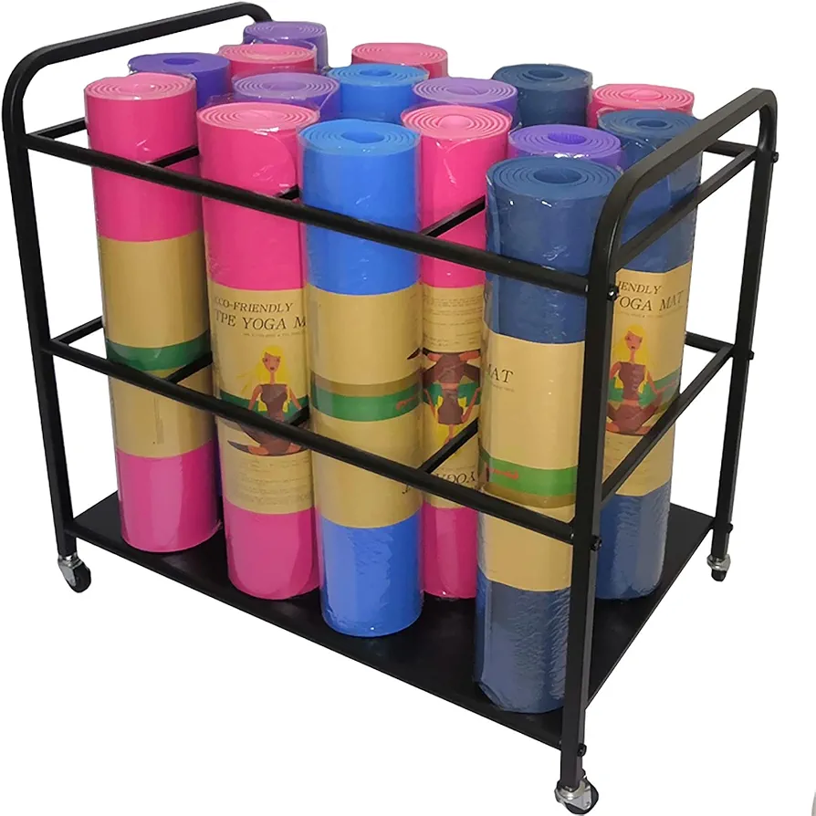 Metal Yoga Mat Holder Basket, Foam Roller Yoga Mat Storage Rolling Cart with Wheels, Large Capacity Sturdy Yoga Mat Rack Organizer (Color : Black)
