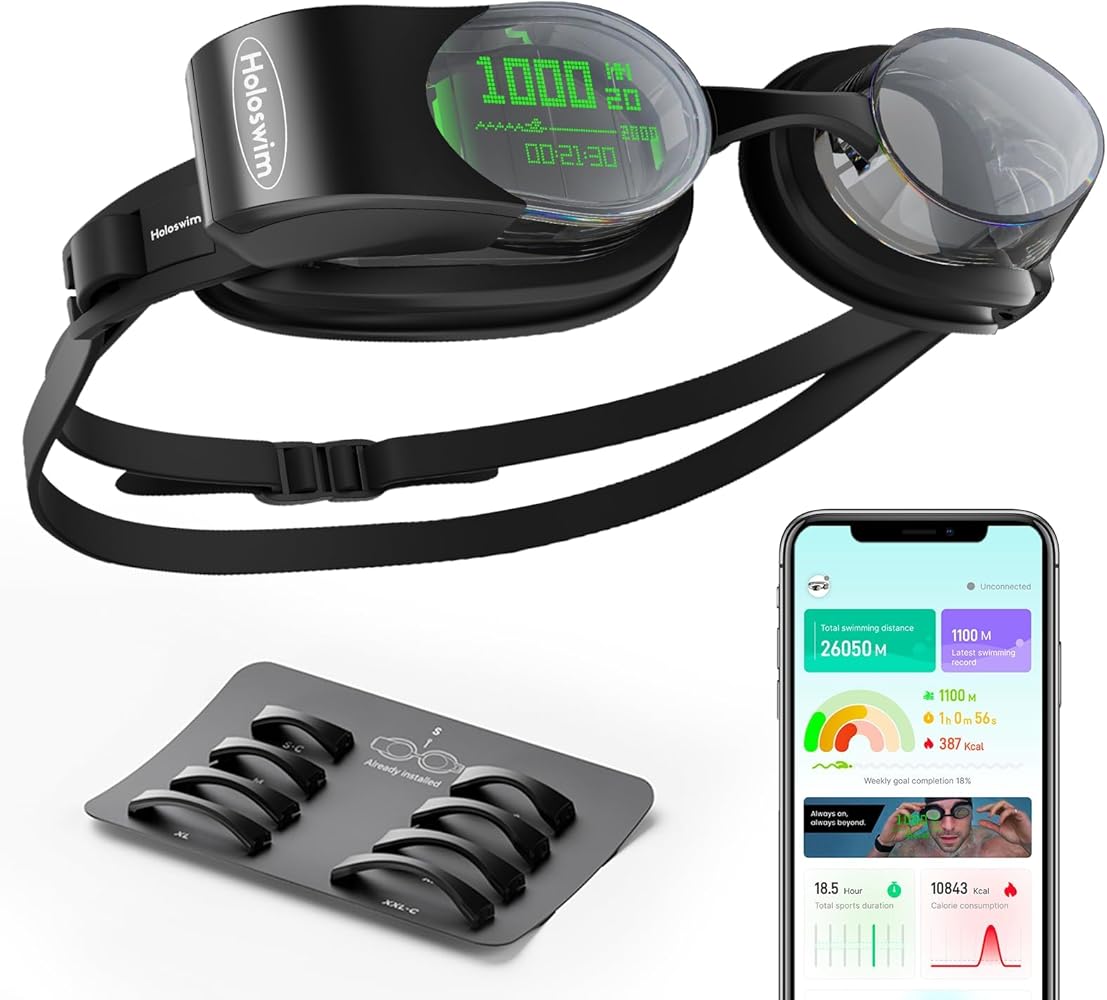 HOLOSWIM Smart Goggles, 2 Pro AR Swimming Goggles, Digital HD Display, AI Data Analysis in APP, Nano Anti-fog Swim Goggles for Pool Open Water, Magnetic Charge, Garmin Swim Watch Apple Watch Support