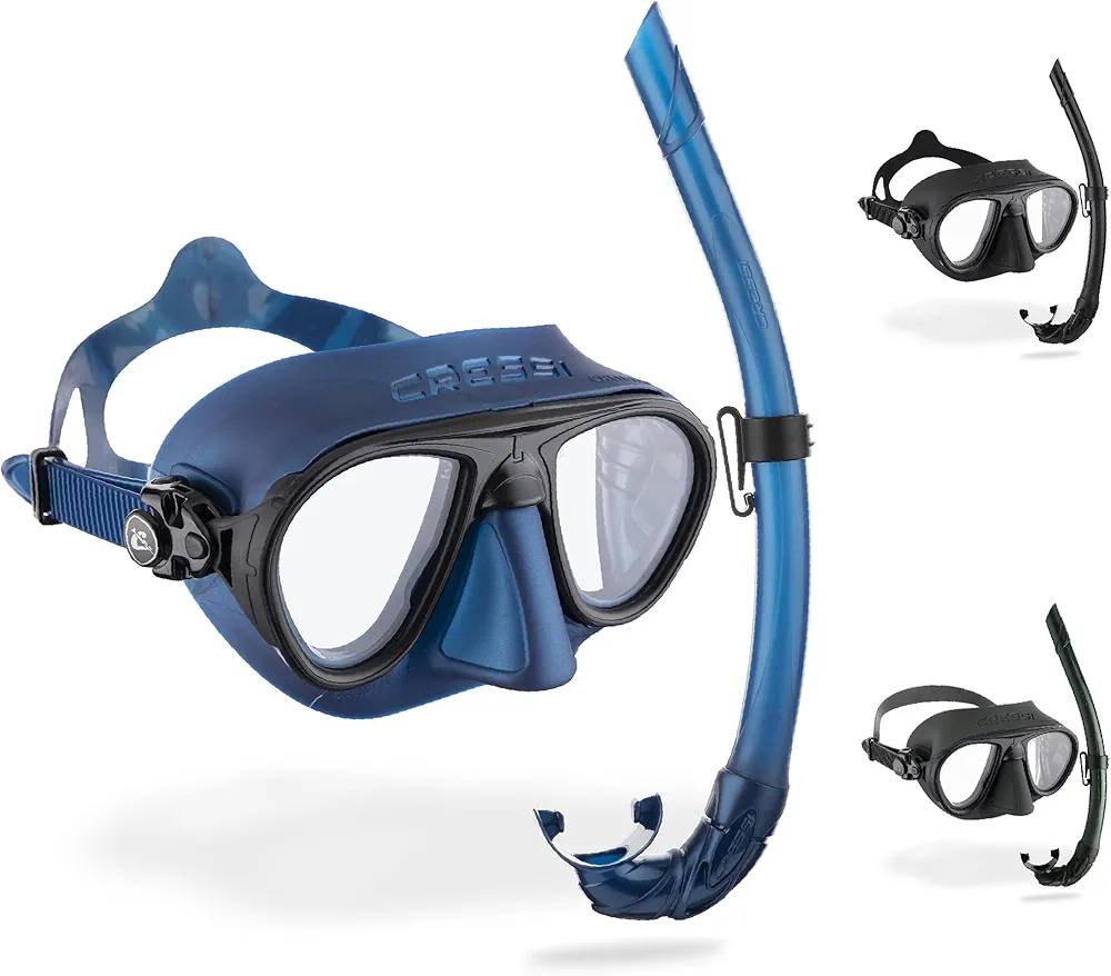 Cressi Mask And Snorkel designed from Freediving and Scuba Diving - Anti-Fog System, Low Volume Mask - Flexible, Foldable Snorkel - Calibro And Corsica: made in Italy