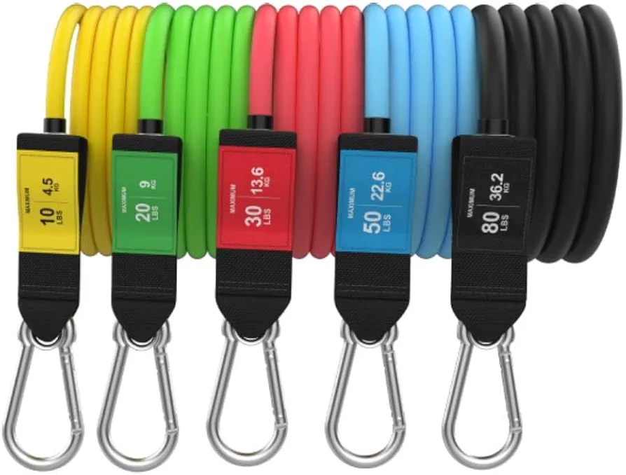 Bodylastics Stackable Resistance Bands (Handles Not Included) - 5-Band Resistance Band Pack - Patented Snap Reduction Tech Workout Bands - Malaysian Latex, Strong Nickel Coated Iron Clips 190 Lbs
