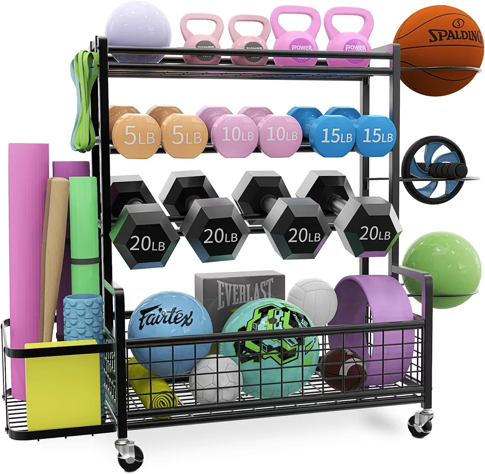 Dumbbells Rack Home Gym Storage Rack Weight Rack for Dumbbells Adjustable Width Yoga Mat Storage Rack with Wheels and Ball Rack Workout Equipment for Dumbbells Kettlebells Yoga Mat Ball