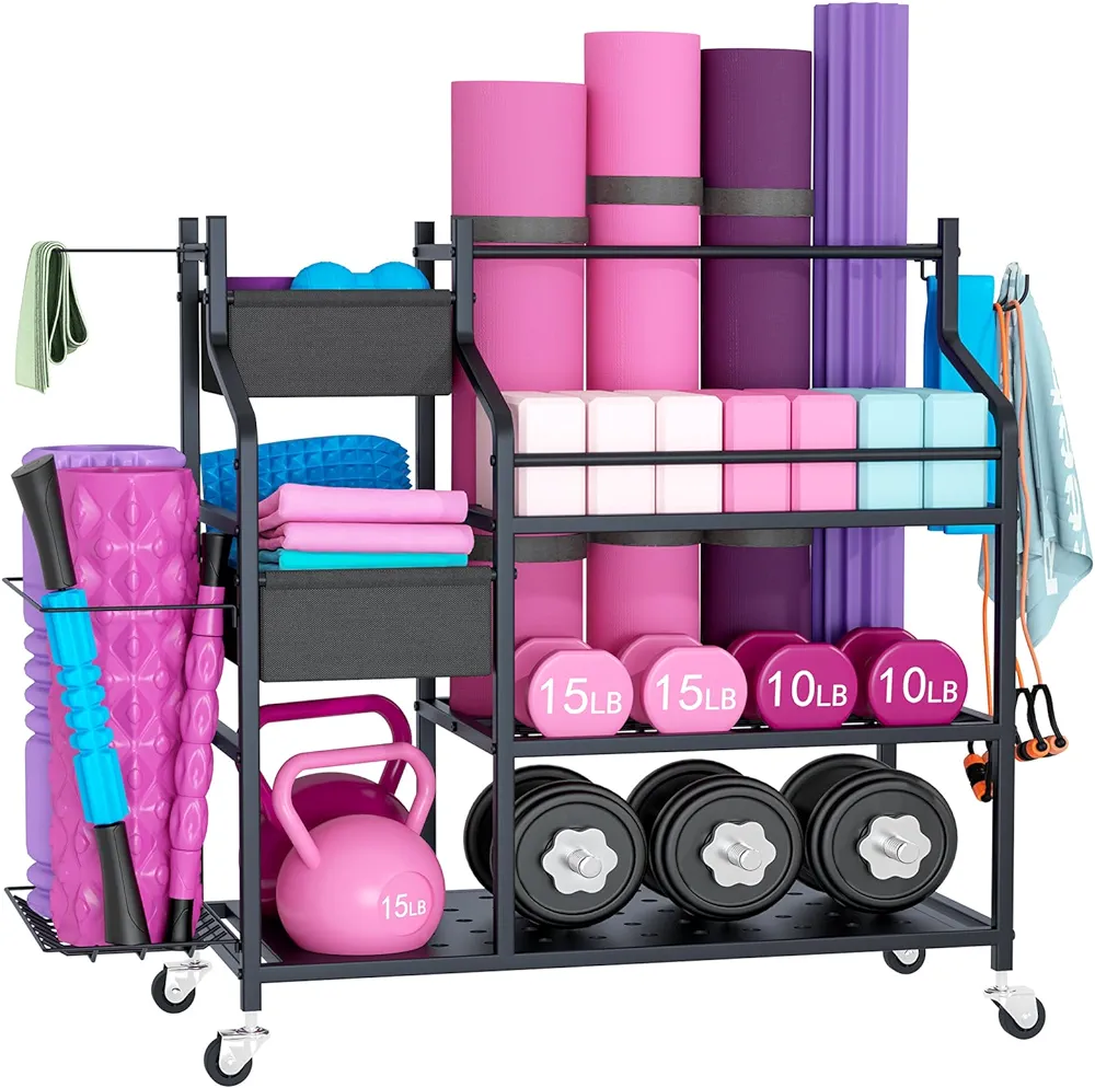 VILAWLENCE Yoga Mat Storage Rack Cart,Home Gym Multifunctional Removable Rack for Dumbbells Kettlebells Rope,Large Capacity Organizer Storage Cart for Home Exercise Equipment