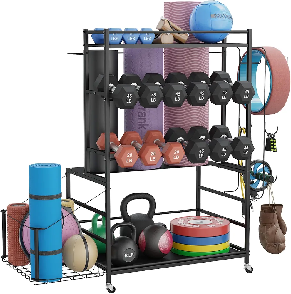 700LBS Dumbbell Rack,5 Tier Weight Rack for Dumbbells,Home Gym Storage Rack for Dumbbells Kettlebells Yoga Mat and Foam Roller, All in One Heavy Duty Weight Organizer with Wheels and Hooks