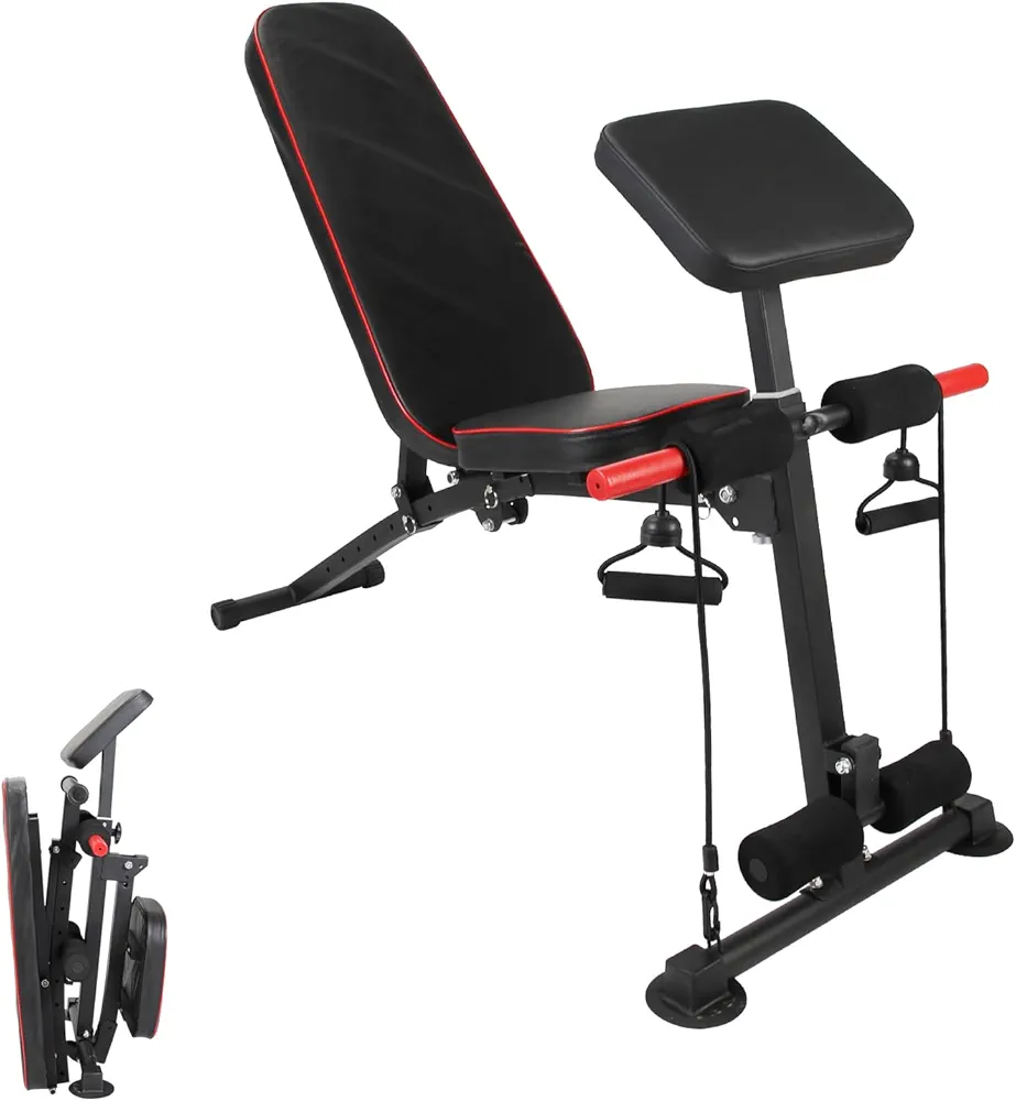 Adjustable Weight Bench with Preacher Curl Pad, Resistance Bands, Leg Extension - 600LBS Capacity Foldable Workout Bench for Home Gym - Stable Decline Incline Full Body Exercise Bench