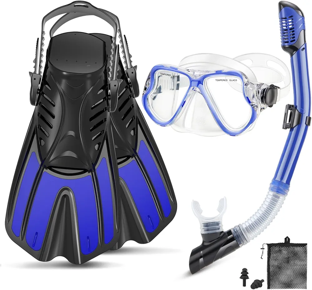 Mask Fins Snorkel Set, Snorkeling Gear with Short Fins for Adults with Panoramic View Mask, Dry Top Snorkel, Adjustable Swim Fins and Travel Bag, Adults Snorkel Gear for Swimming Snorkeling