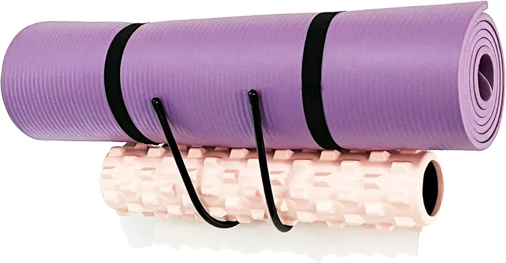 Upgraded large Yoga Mat Holder Wall Mount, Metal Storage Rack for Yoga Mat/Wheels, Foam Roller etcs, Wall Rack Organizer Hooks for Hanging Stretching Strap & Resistance Bands, Yoga Room/Home Gym Decor