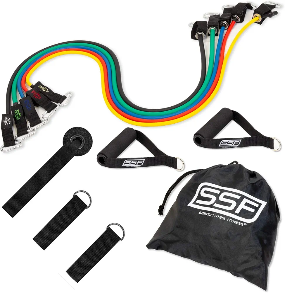 Serious Steel Resistance Tube Band Set Includes Handles, Door Anchor and Ankle Straps (100 lbs Set or 165 lbs Set)