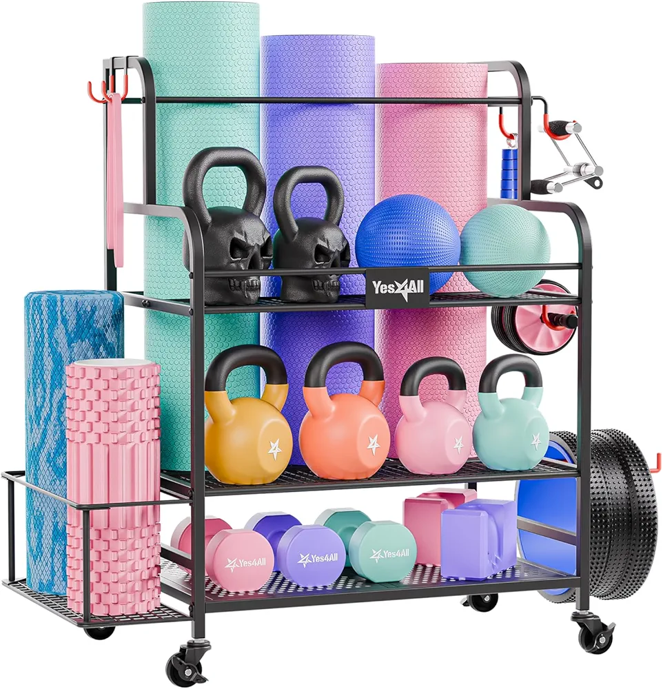 Yes4All Dumbbell Rack, Weight Rack for Home Gym, Sports Equipment Organizer for Dumbbells Kettlebells Yoga Mat Foam Roller and Balls, All in One Gym Workout Storage with Wheels and Hooks