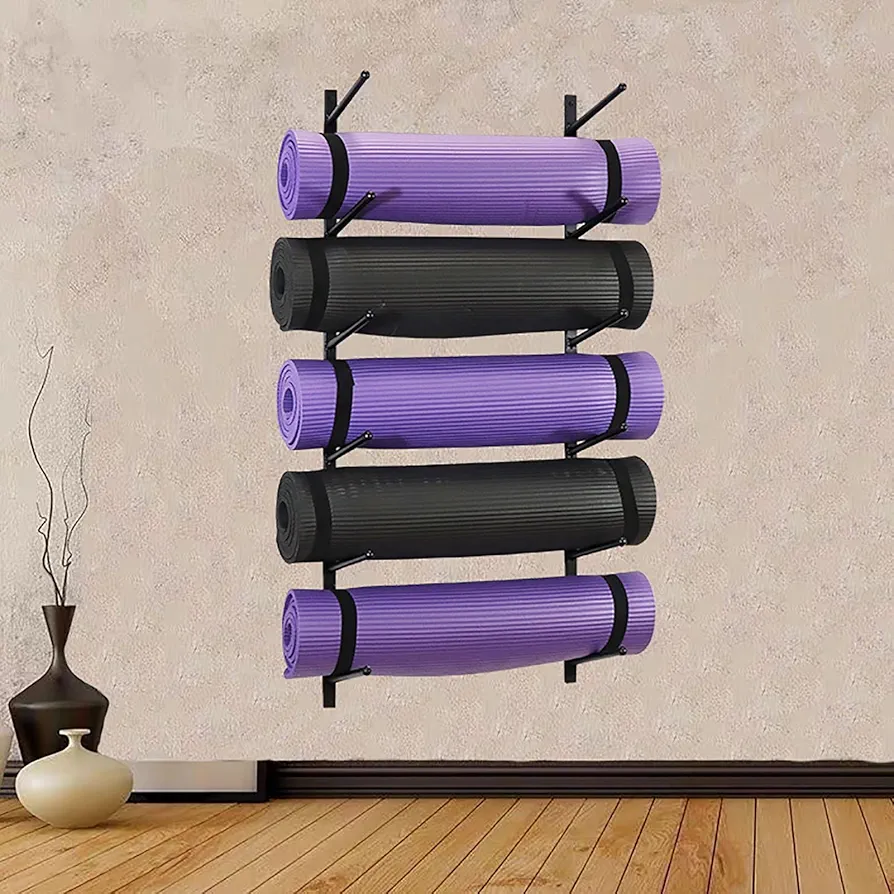 Wall Mount Yoga Accessories - 6 Tier Yoga Mat Holder/Wall Rack Organizer, Storage Yoga Mat Foam Roller, Exercise Mat Yoga Mat Storge Rack