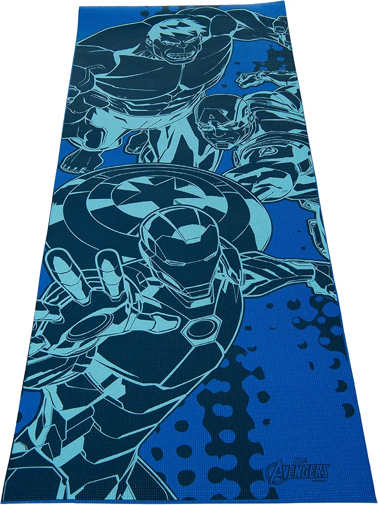 Marvel Avengers Kids Yoga Mat Non Slip, All Purpose PVC Fitness and Workout Mat for Boys and Girls, Features Iron Man, Hulk and Captain America, Navy, 3 mm