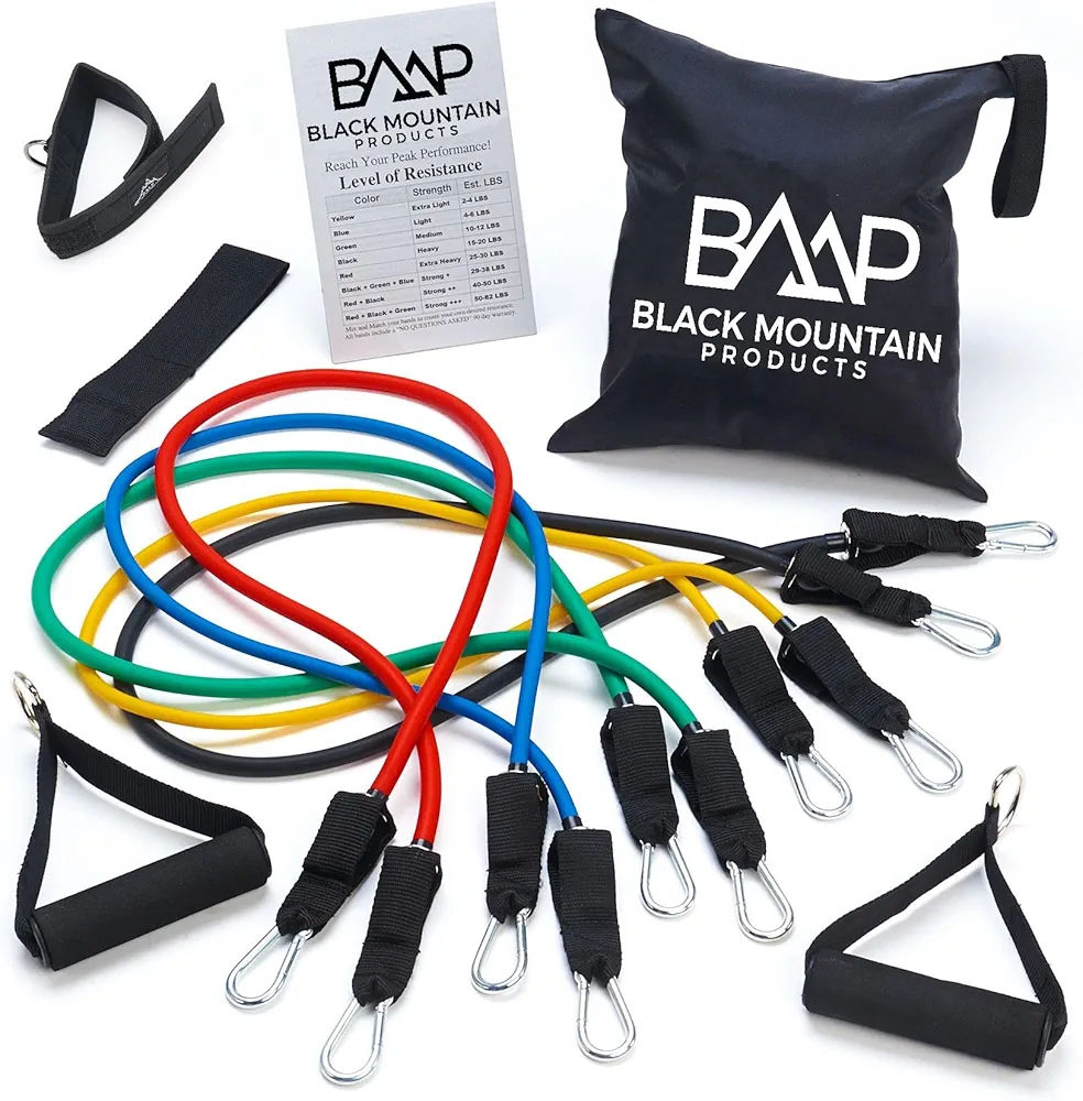 Black Mountain Products Resistance Band Set with Door Anchor, Ankle Strap, Exercise Chart, and Carrying Case, 48"