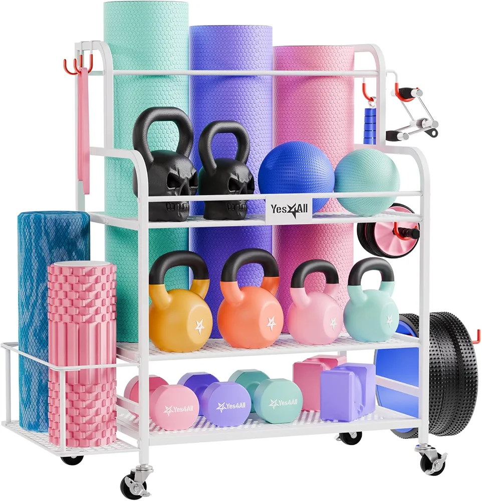Yes4All Dumbbell Rack, Weight Rack for Home Gym, Sports Equipment Organizer for Dumbbells Kettlebells Yoga Mat Foam Roller and Balls, All in One Gym Workout Storage with Wheels and Hooks