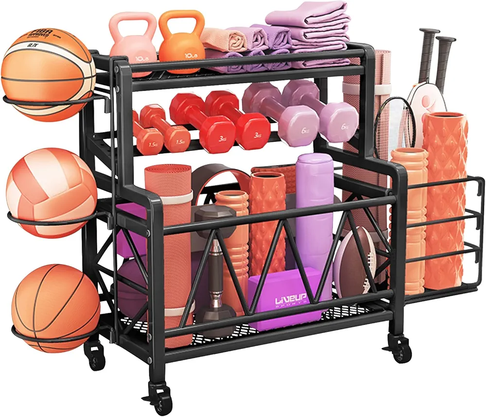 Yoga Mat Storage Racks, Home Gym Storage Rack, Weight Rack for Dumbbells, All in One Workout Equipment Storage Organize with Wheels and Ball Cage
