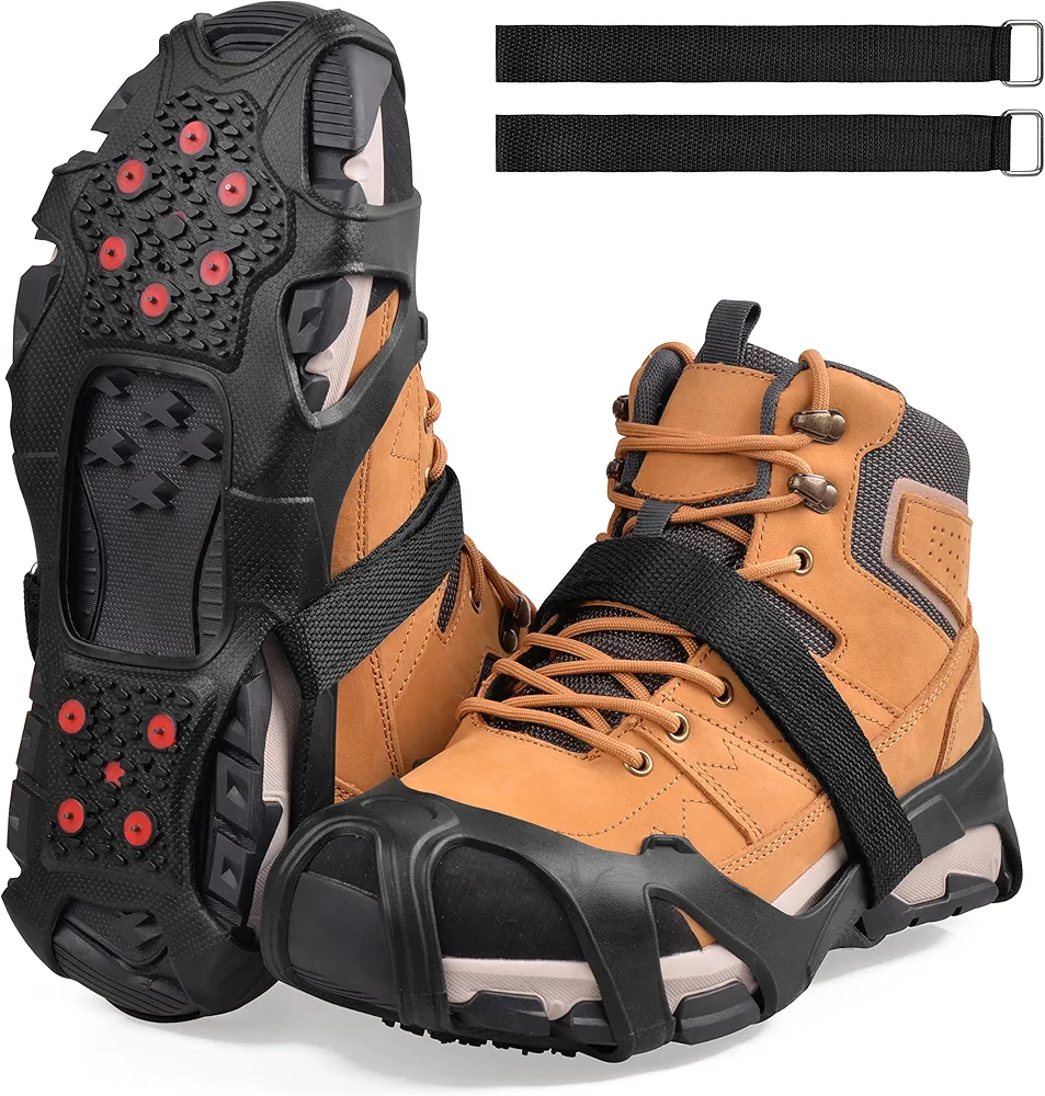 Ice Cleats Snow Traction for Shoes and Boots Non Slip Crampons Cleats Gripper with 10 Tungsten Steel Studs Overshoes Footwear Traction for Winter Hiking Running Fishing in Snow Ice & Rocky Terrain