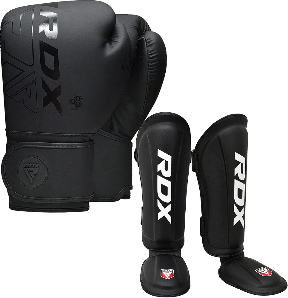 RDX Boxing Gloves 14Oz & Shin Guards Kickboxing (Large Size), Premium Maya Hide Leather Adult Heavy Punching Bag Gloves with Leg Instep Protection Pads, MMA Muay Thai, Sparring BJJ Karate Taekwondo