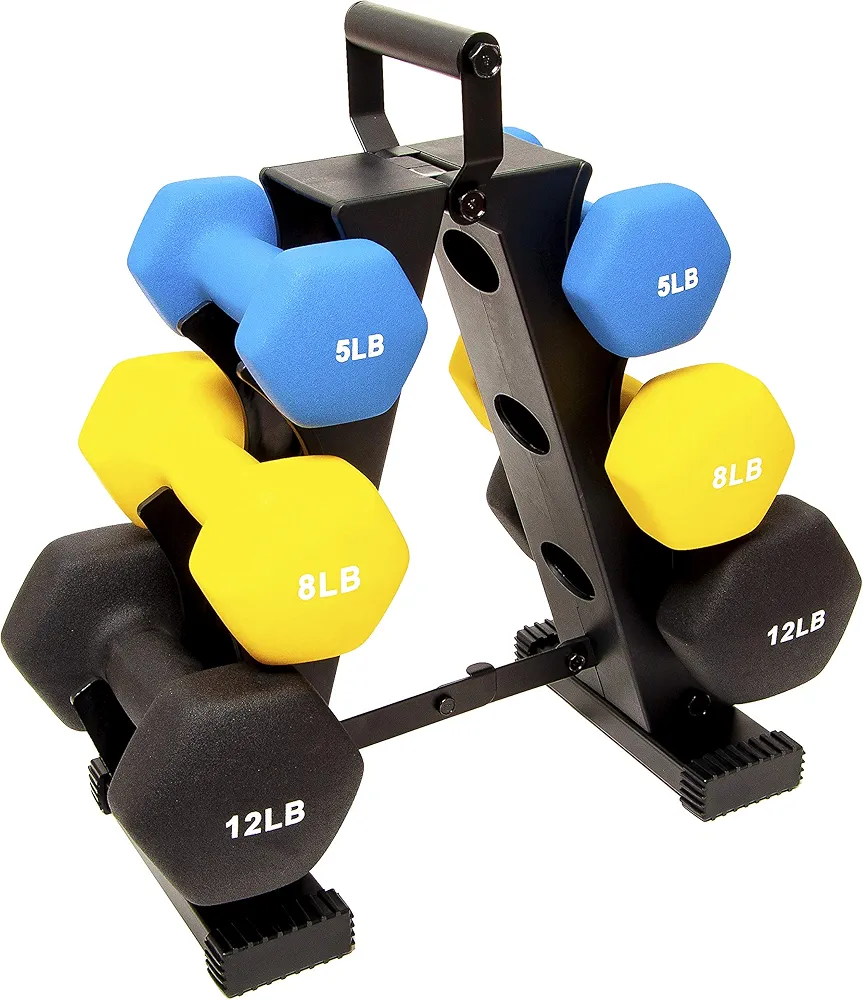 Signature Fitness Colored Rubber Coated Hex Dumbbell Weight Set and Storage Rack, Multiple Packages
