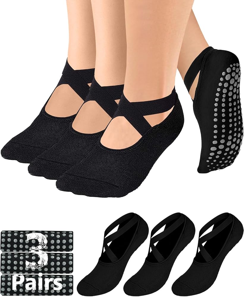 AURUZA Pilates Grip Socks for Women Non Slip Skid Yoga Socks with Grips Straps for Ballet Dance Workout Gripper Socks